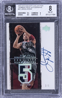 2003-04 UD "Exquisite Collection" Number Pieces Autographs #JK Jason Kidd Signed Game Used Patch Card (#3/5) – BGS NM-MT 8/BGS 10
